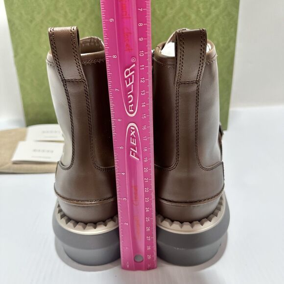 NIB Gucci GG Lace-Up Boots 9 US 9.5 Brown Leather Yellow Insert Side Zip $1600 main image 4